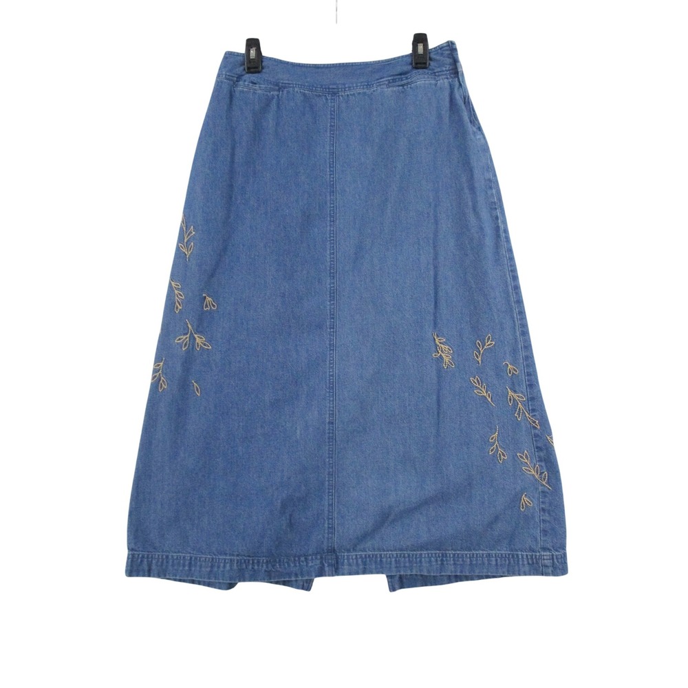 Crazy Horse Liz Claiborne Denim Midi Skirt Embroidered Leaf Blue Womens 12